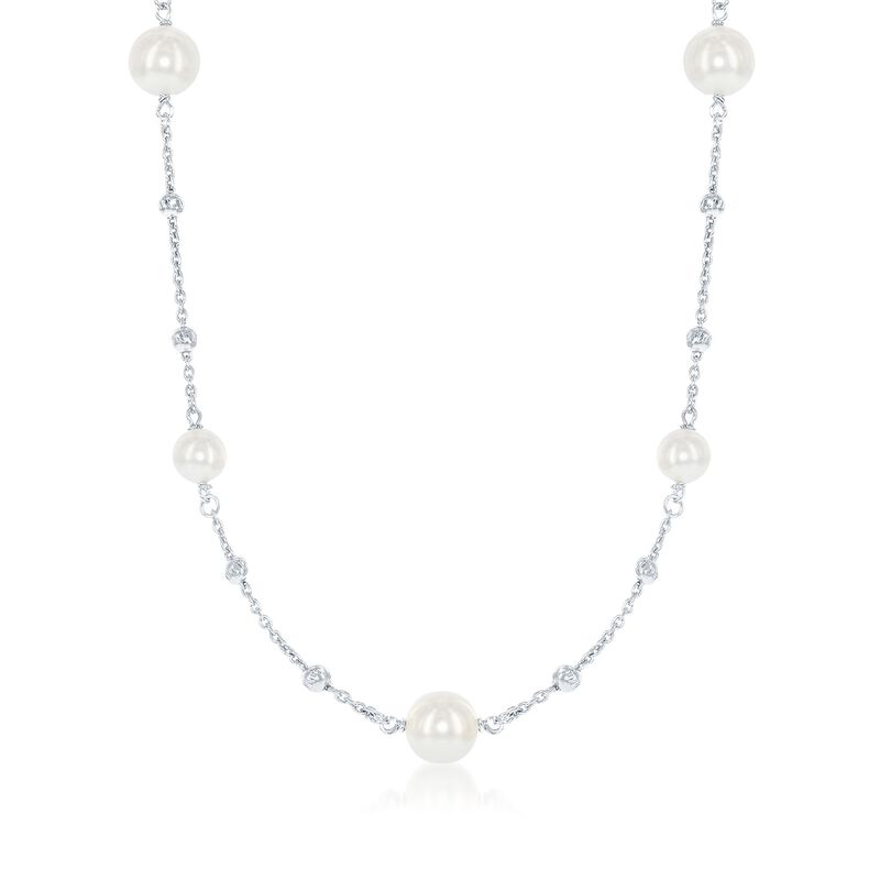 6-8mm Simulated Pearl and Diamond-Cut Bead Station Necklace in Sterling Silver. 28.75&quot; image number 0