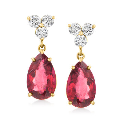 C. 1990 Vintage 11.00 ct. t.w. Pink Tourmaline and 1.50 ct. t.w. Diamond Drop Earrings in 14kt Yellow Gold