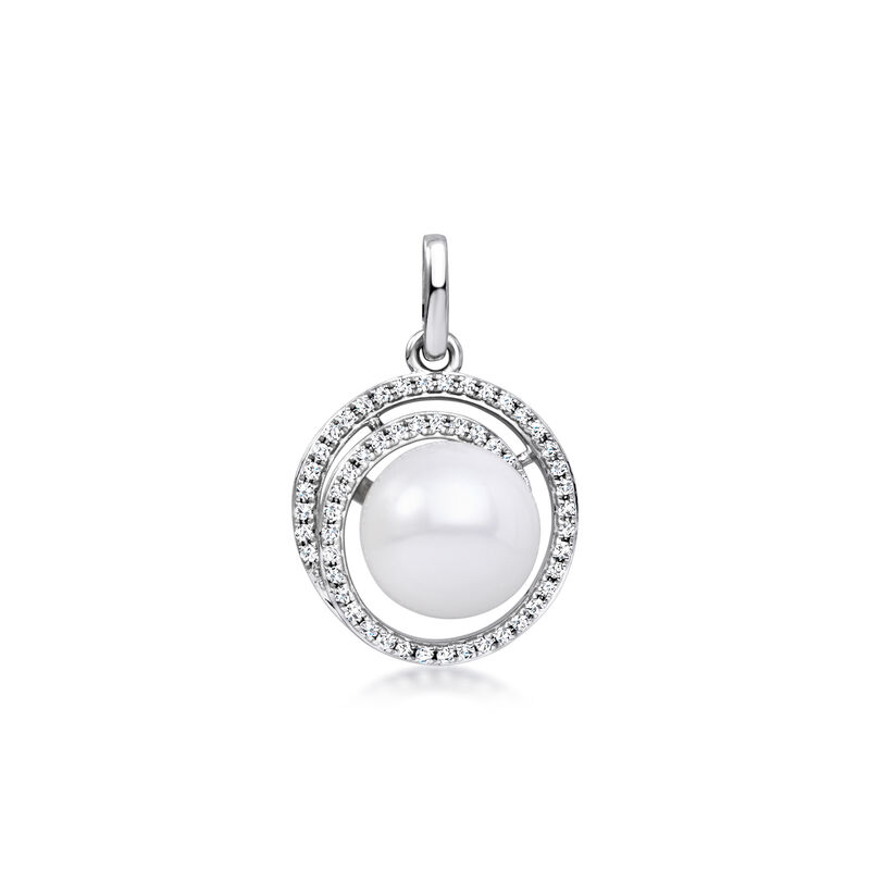 8.5-9mm Cultured Pearl and .15 ct. t.w. Diamond Spiral Pendant in 14kt White Gold  image number 1