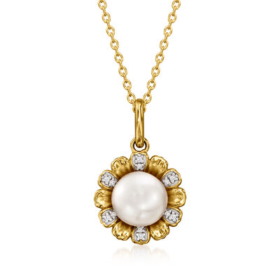 7.5-8mm Cultured Pearl Flower Pendant Necklace with Diamonds in 18kt Gold Over Sterling