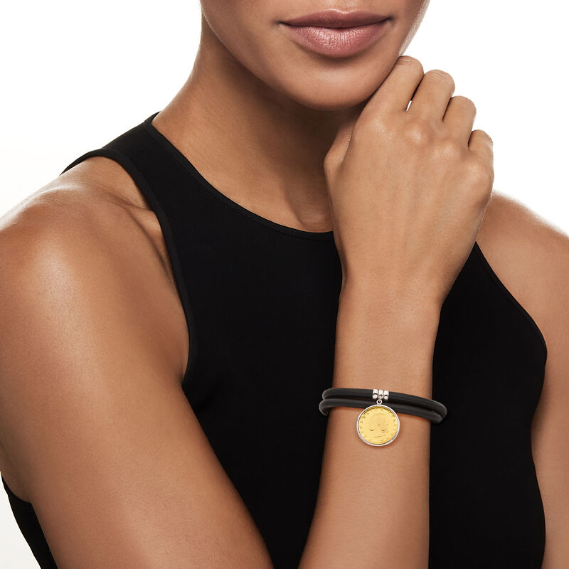 Italian Genuine 20-Lira Coin Charm and Black Leather Bracelet with Sterling Silver image number 2
