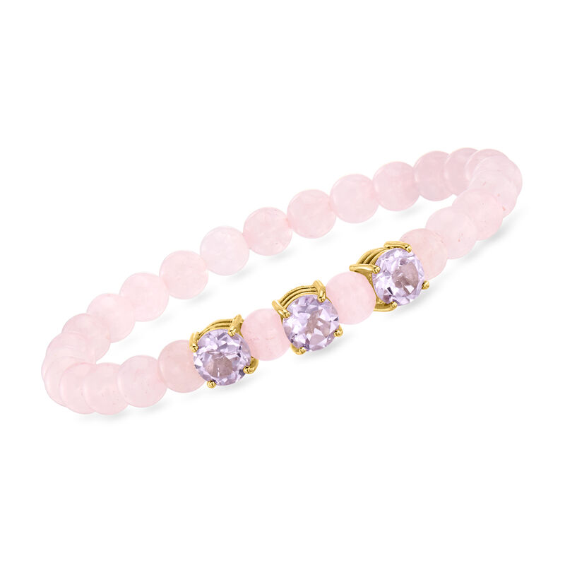 45.00 ct. t.w. Rose Quartz Bead Stretch Bracelet with 3.50 ct. t.w. Amethysts in 18kt Gold Over Sterling image number 0