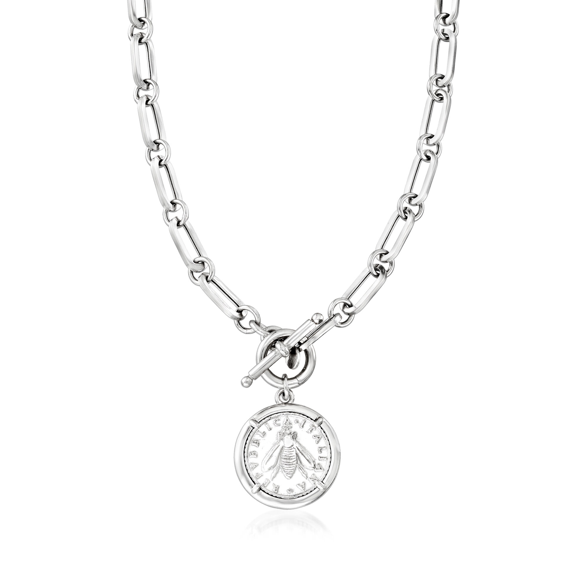 Italian Replica Bee Lira Coin Necklace in Sterling Silver. 18&quot