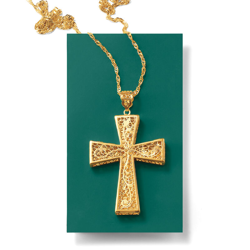 Italian 18kt Yellow Gold Brushed and Polished Floral Filigree Cross Pendant Necklace image number 2