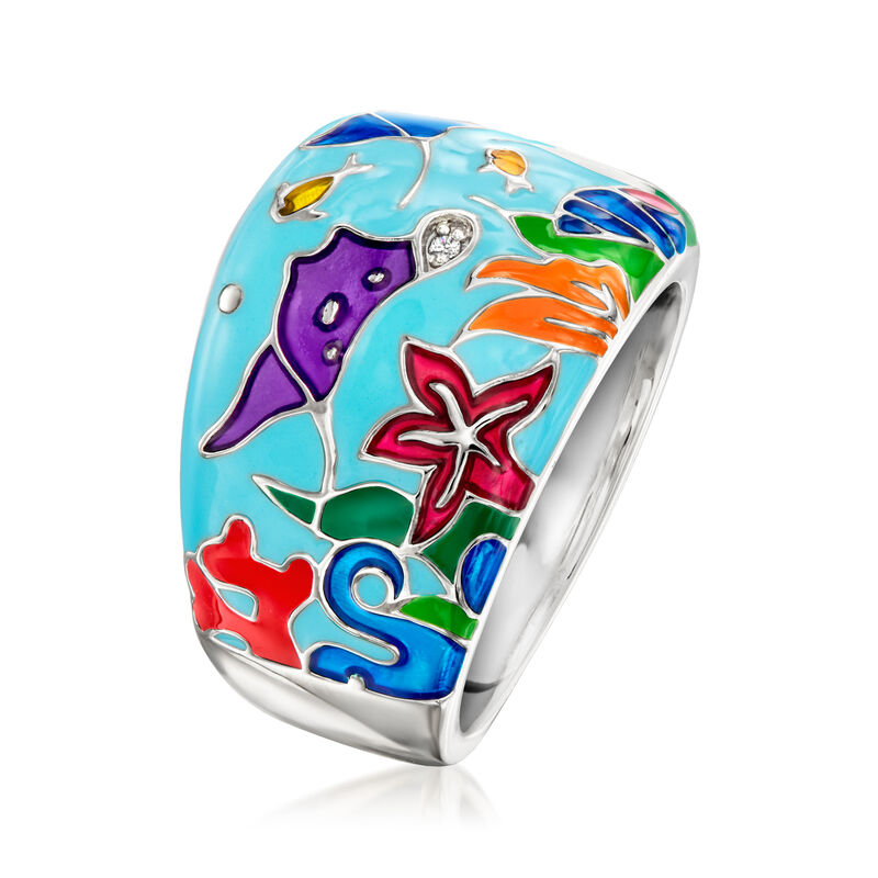Belle Etoile &quot;Manta Ray&quot; Multicolored Enamel Ring with CZ Accents in Sterling Silver image number 2