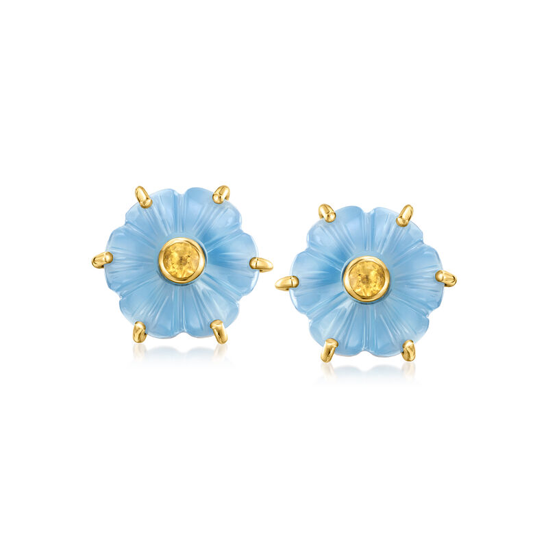 Carved Blue Chalcedony and .20 ct. t.w. Citrine Flower Earrings in 18kt Gold Over Sterling  image number 0
