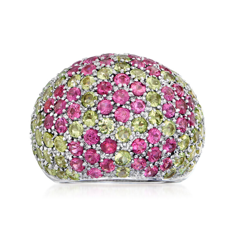 C. 1990 Vintage 3.20 ct. t.w. Pink Sapphire and 3.00 ct. t.w. Peridot Flower Dome Ring in 18kt White Gold. Size 7 image number 0