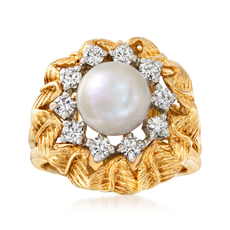 C. 1970 Vintage 8mm Cultured Pearl Ring with .60 ct. t.w. Diamonds in 18kt Yellow Gold image number 0