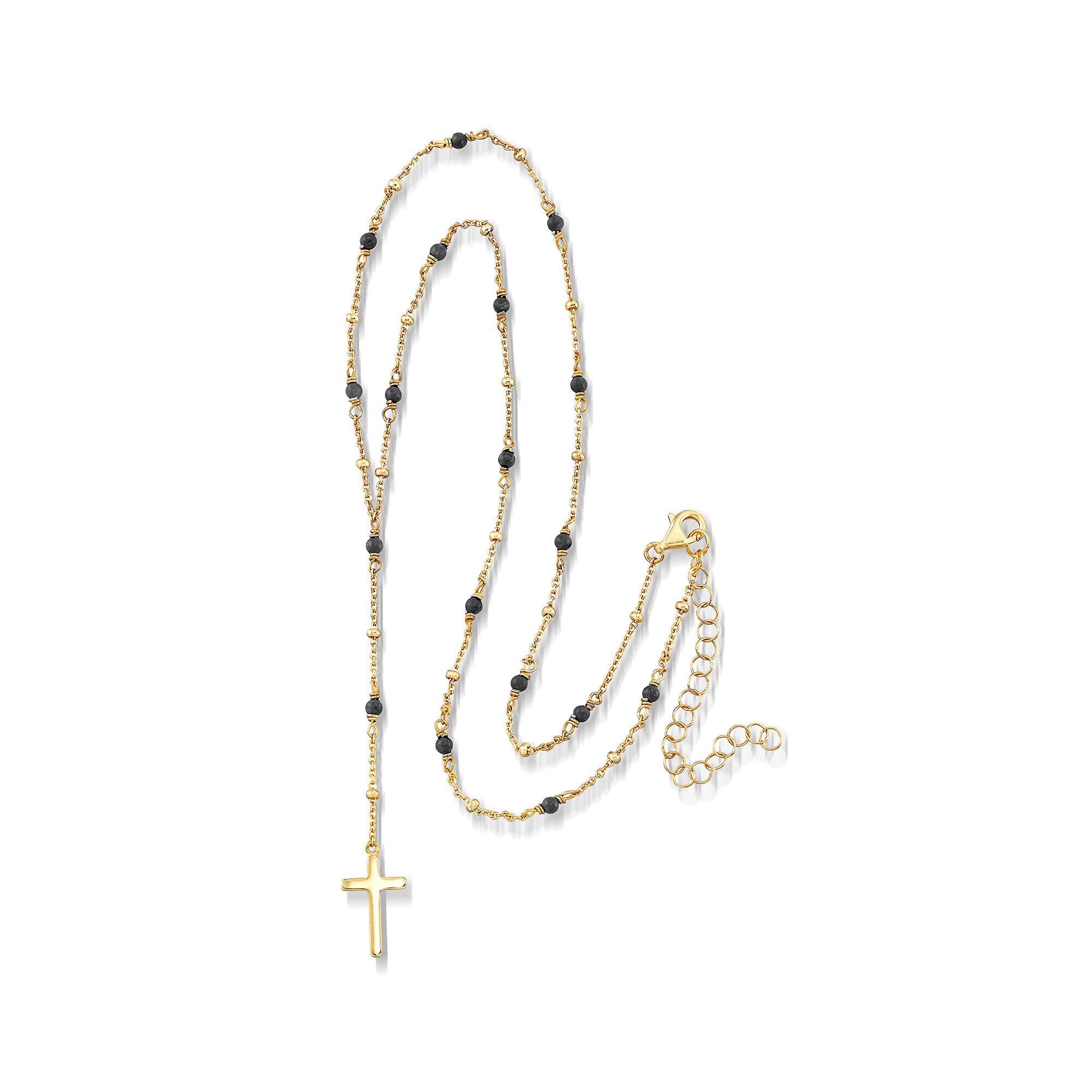 2.3mm Black Onyx Rosary Beads with Cross Necklace in 18kt Gold Over Sterling. 16