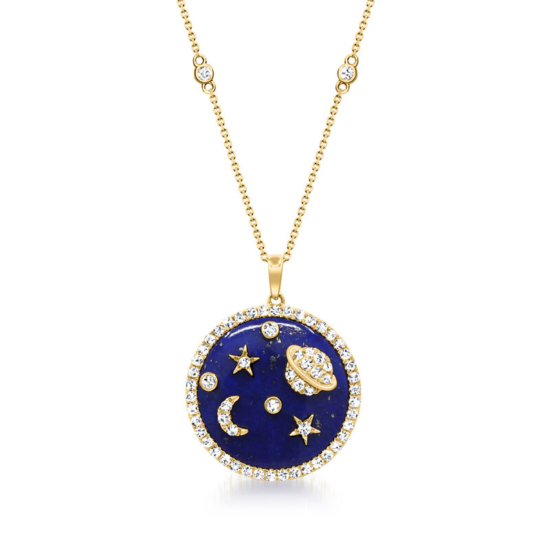 Lapis and .82 ct. t.w. Diamond Celestial Pendant Necklace in 14kt Yellow Gold. 16&quot; image number 0