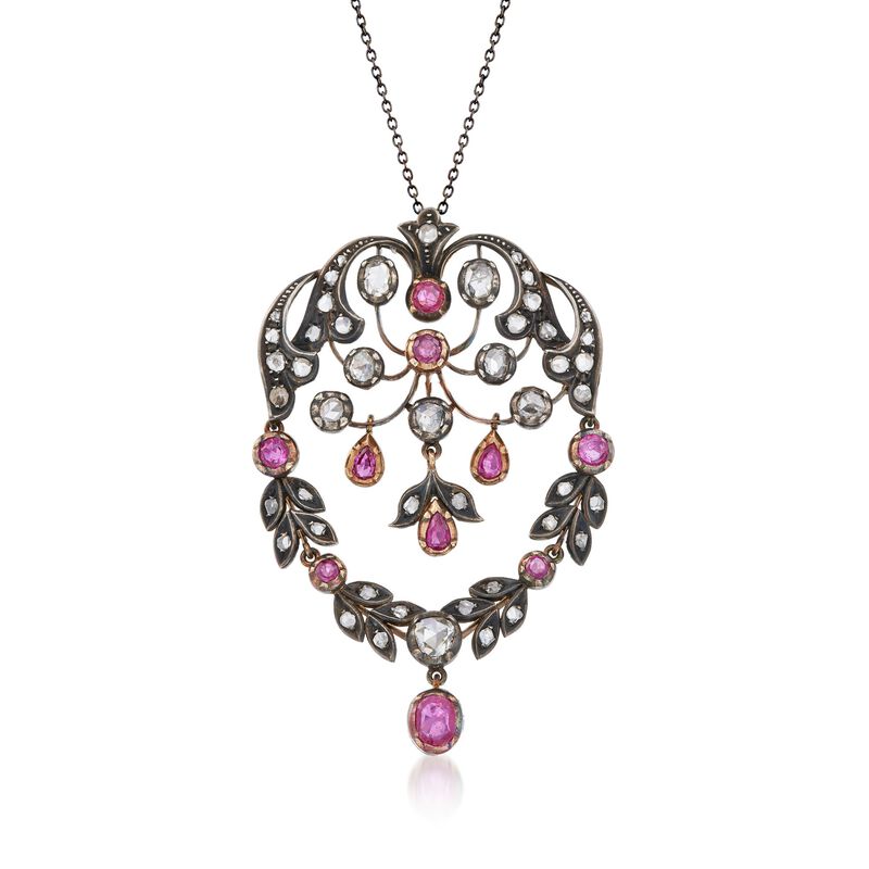 C. 1970 Vintage 2.20 ct. t.w. Ruby and 3.20 ct. t.w. Diamond Pin Pendant Necklace in Sterling Silver and 18kt Gold image number 0