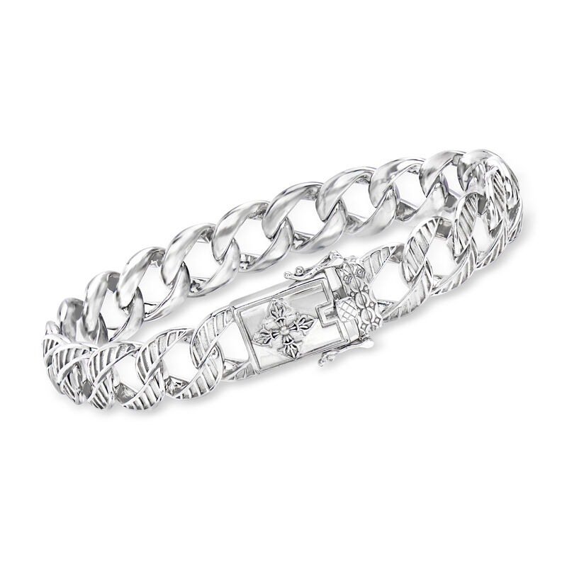 Men's Sterling Silver Etched Cuban-Link Bracelet with Cross Box Clasp image number 1