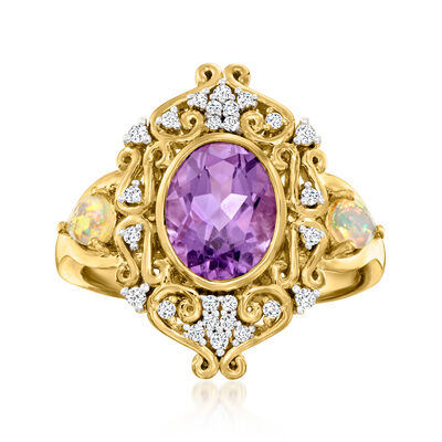 1.80 Carat Amethyst and .20 ct. t.w. White Zircon Ring with Opals in 18kt Gold Over Sterling