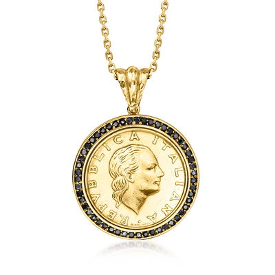 .50 ct. t.w. Black Spinel Genuine 200-Lira Coin Pendant Necklace in 18kt Gold Over Sterling
