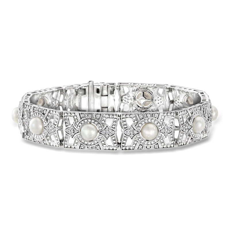 6-6.5mm Cultured Pearl and 1.00 ct. t.w. Diamond Bracelet in Sterling Silver image number 0