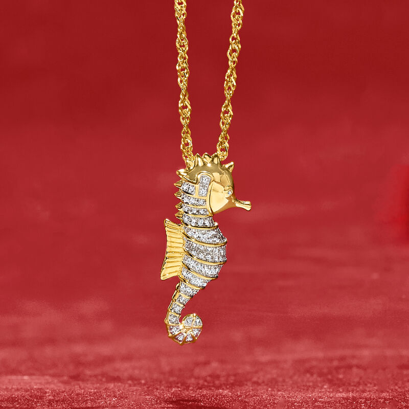.16 ct. t.w. Diamond Seahorse Pendant Necklace in 18kt Gold Over Sterling image number 2