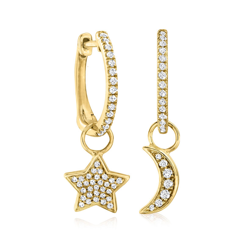 .25 ct. t.w. Diamond Star and Moon Mismatched Hoop Drop Earrings in 14kt Yellow Gold image number 2