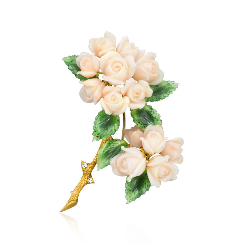 C. 1960 Vintage White Coral Roses Pin with Nephrite and Diamonds in 18kt Yellow Gold  image number 0