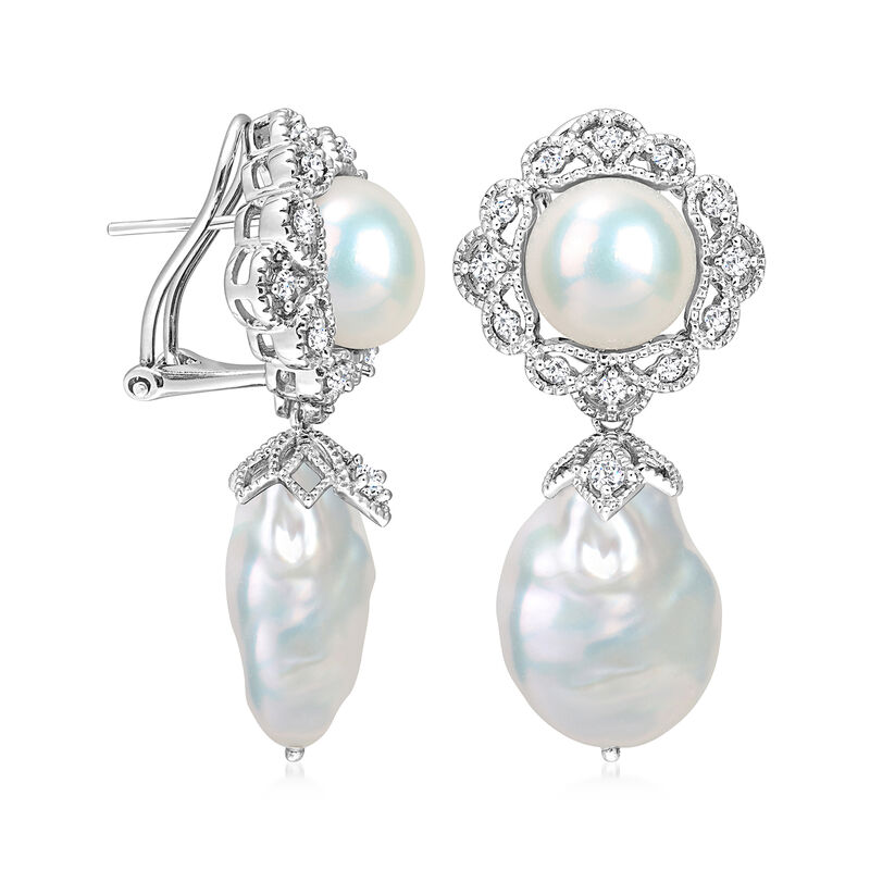 10-14.5mm Cultured Pearl and .80 ct. t.w. White Topaz Drop Earrings in Sterling Silver  image number 1