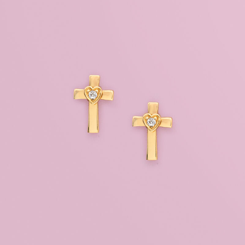 Child's 14kt Yellow Gold Cross and Heart Earrings with CZ Accents image number 1