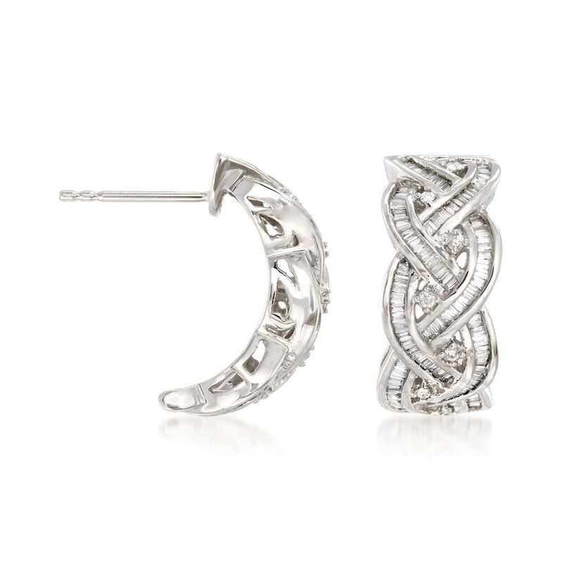 .75 ct. t.w. Round and Baguette Diamond Braided Hoop Earrings in 14kt White Gold image number 2