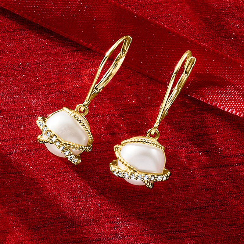 8mm Cultured Pearl and .13 ct. t.w. Diamond Drop Earrings in 14kt Yellow Gold image number 2