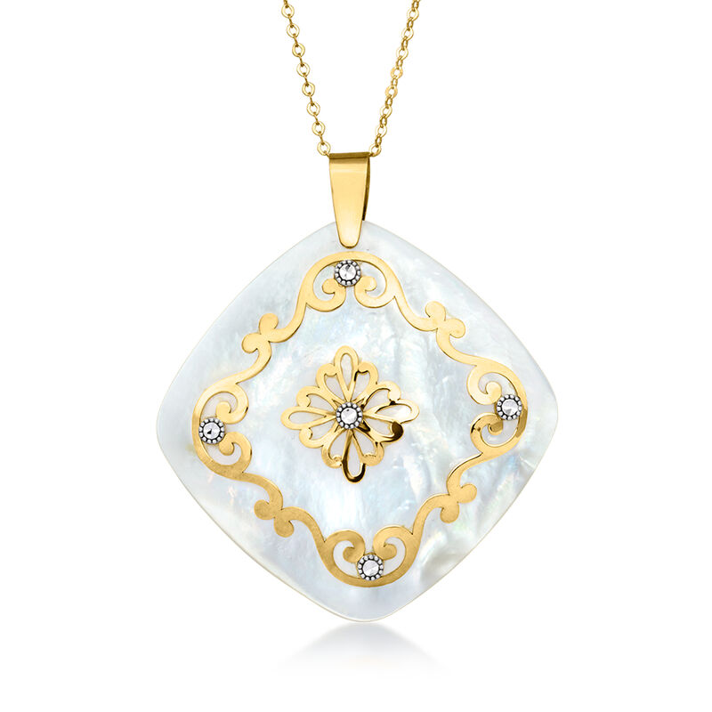 C. 1990 Vintage Mother-of-Pearl Pendant Necklace in 14kt Two-Tone Gold. 18" image number 0