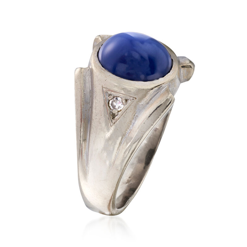 C. 1970 Vintage Men's Synthetic Sapphire Ring with Diamond Accents in 14kt White Gold. Size 10 image number 1