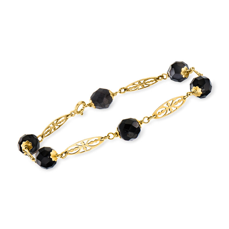C. 1960 Vintage Onyx Bead Station Bracelet in 10kt Yellow Gold. 8&quot; image number 0