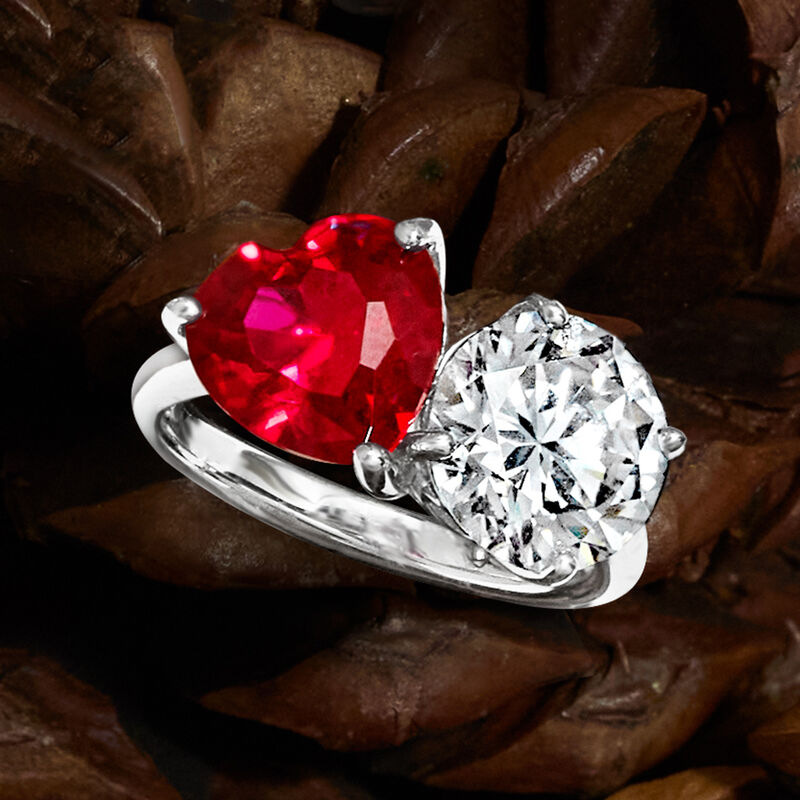 3.50 Carat CZ and 1.00 Carat Simulated Ruby Toi et Moi Ring in Sterling Silver image number 3