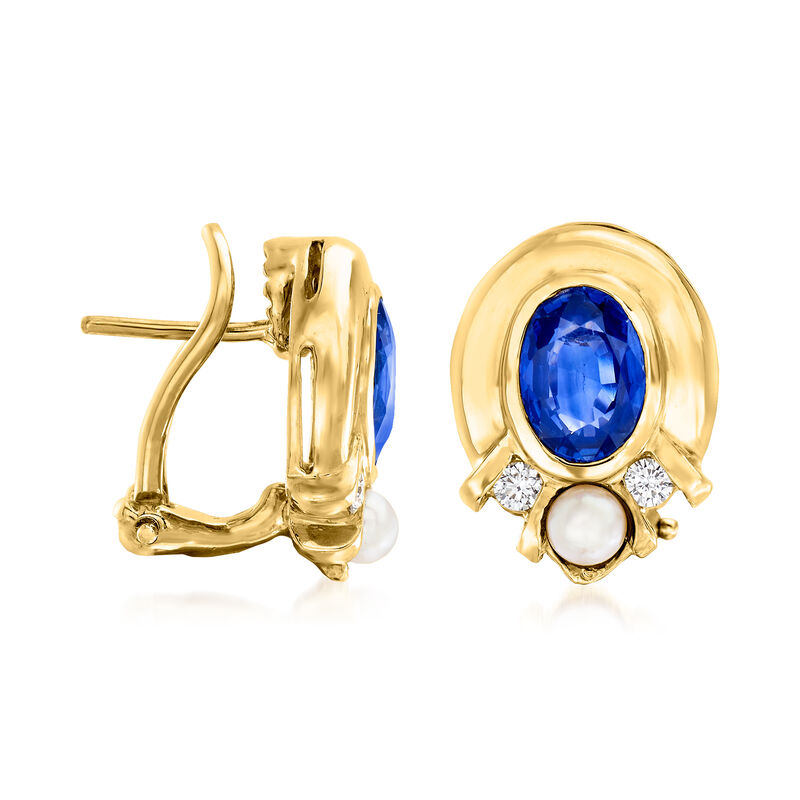 C. 1980 Vintage 3.5mm Cultured Pearl, 2.70 ct. t.w. Sapphire and .16 ct. t.w. Diamond Earrings in 18kt Yellow Gold image number 2
