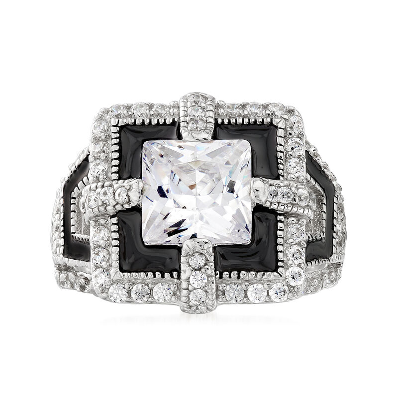5.91 ct. t.w. CZ and Black Enamel Art Deco-Style Ring in Sterling Silver image number 0