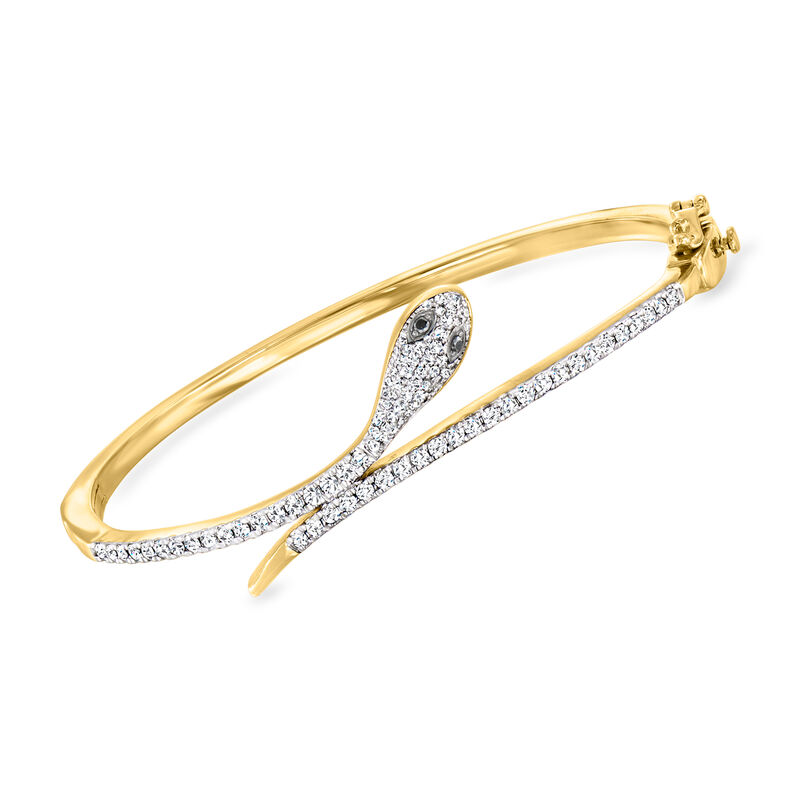 1.00 ct. t.w. Black and White Diamond Snake Bangle Bracelet in 18kt Gold Over Sterling. 7&quot; image number 0