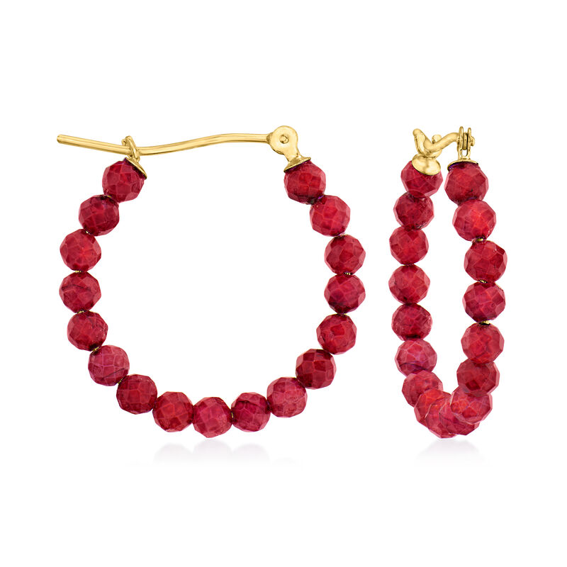6.25 ct. t.w. Ruby Bead Hoop Earrings in 10kt Yellow Gold. 7/8&quot; image number 0