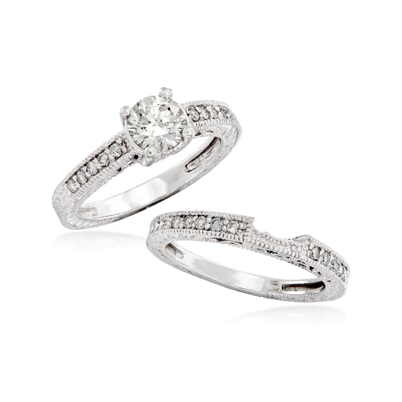 C. 1990 Vintage 1.18 ct. t.w. Diamond Bridal Set: Engagement and Wedding Rings in 14kt White Gold. Size 7 image number 3