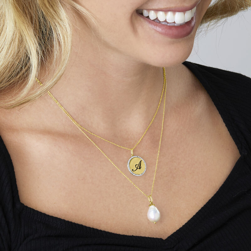18kt Gold Over Sterling Layered Initial Necklace with 11-12mm Cultured Baroque Pearl and Diamonds image number 2