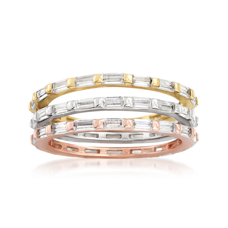 3.20 ct. t.w. Baguette CZ Jewelry Set: Three Rings in Rose and Yellow 18kt Gold Over Sterling and Sterling Silver image number 0