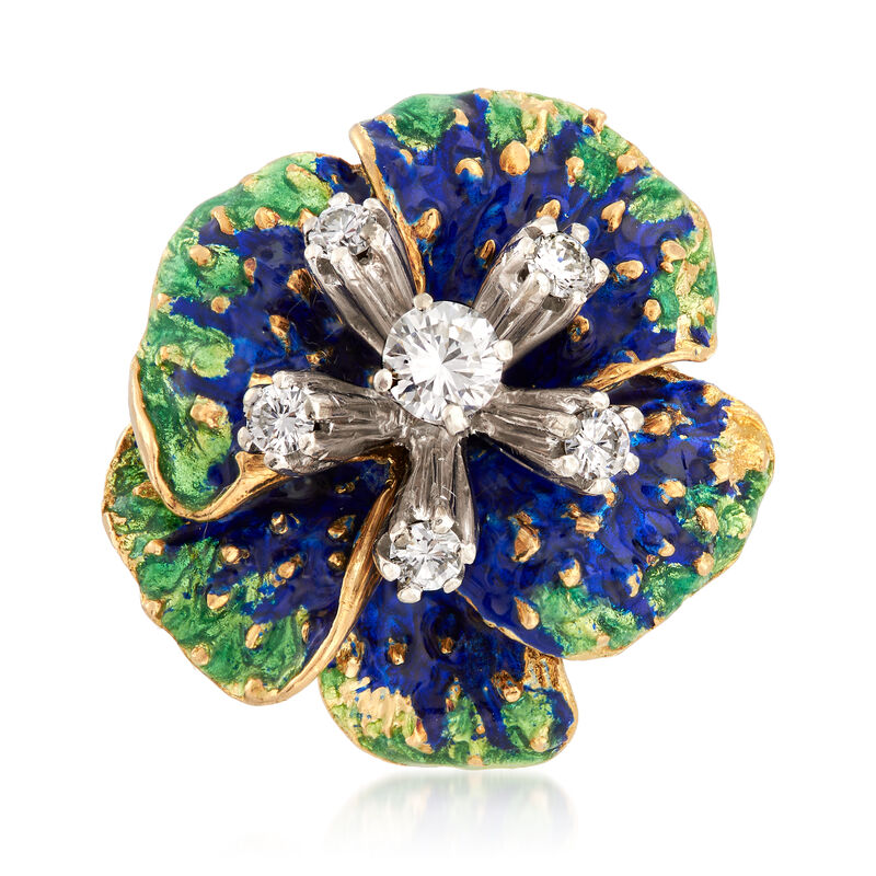 C. 1970 Vintage .50 ct. t.w. Diamond and Enamel Floral Ring in 18kt Yellow Gold. Size 6.5 image number 0