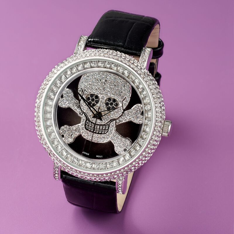 Saint James Women's 46mm White and Black Crystal Skull Watch with Black Leather image number 3