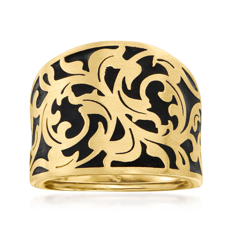 Italian Black Enamel and 14kt Yellow Gold Scrollwork Ring image number 0