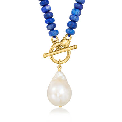 12-13mm Cultured Baroque Pearl and 5-5.5mm Lapis Bead Toggle Necklace in 18kt Gold Over Sterling