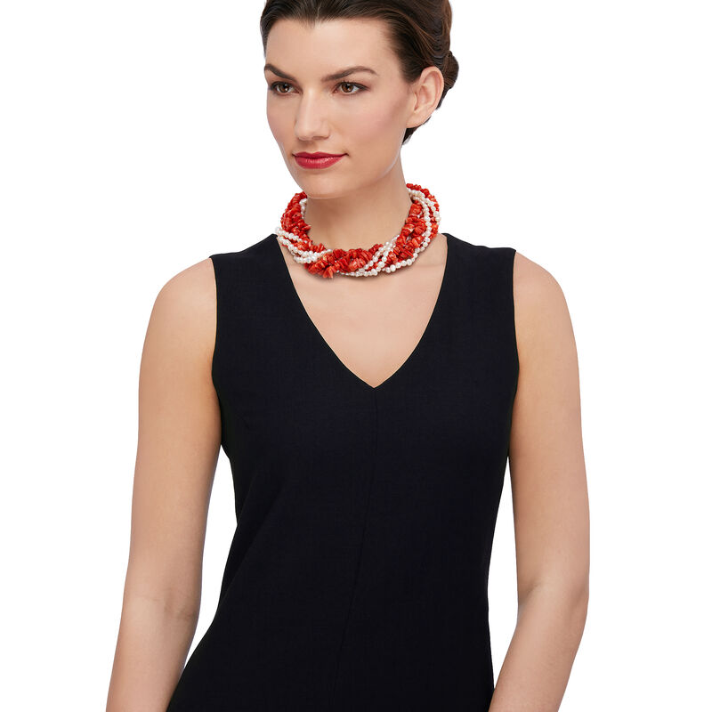 Coral and Cultured Pearl Torsade Necklace with Sterling Silver image number 1