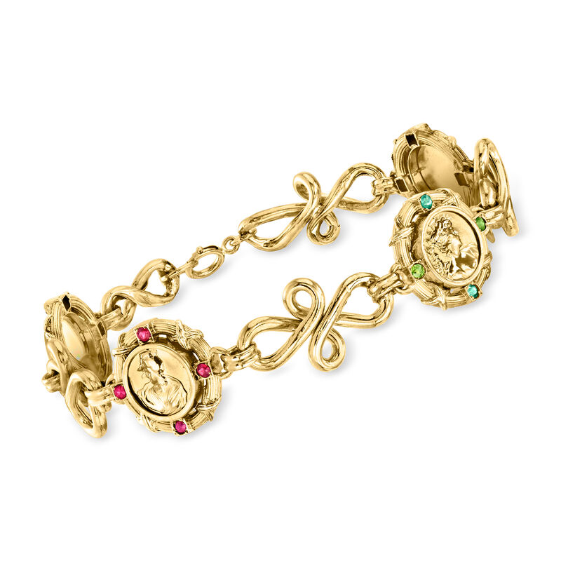 C. 1950 Vintage .16 ct. t.w. Emerald and .16 ct. t.w. Ruby Cameo-Style Bracelet in 18kt Yellow Gold. 7&quot; image number 0