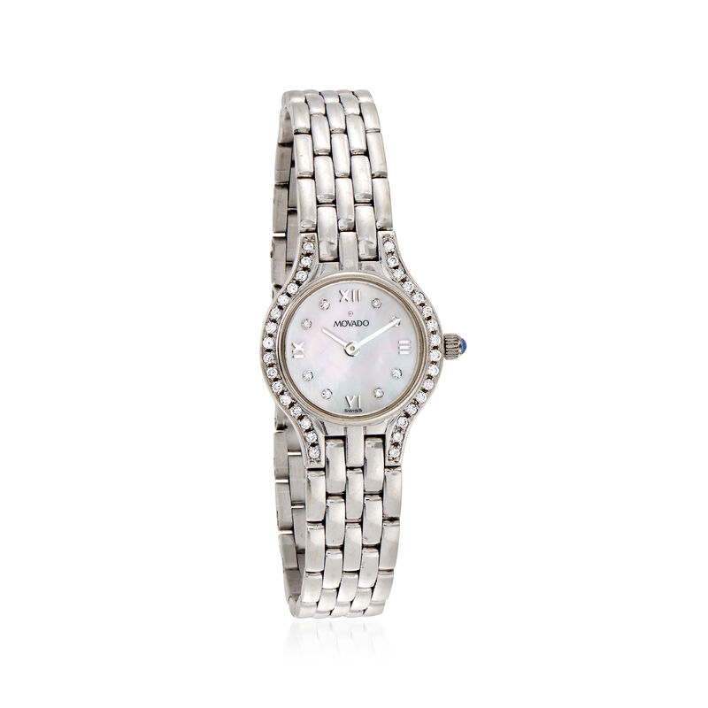 C. 1990 Vintage Movado Women's Mother-Of-Pearl and .40 ct. t.w. Diamond 21mm 14kt White Gold Watch. Size 6.75 image number 0