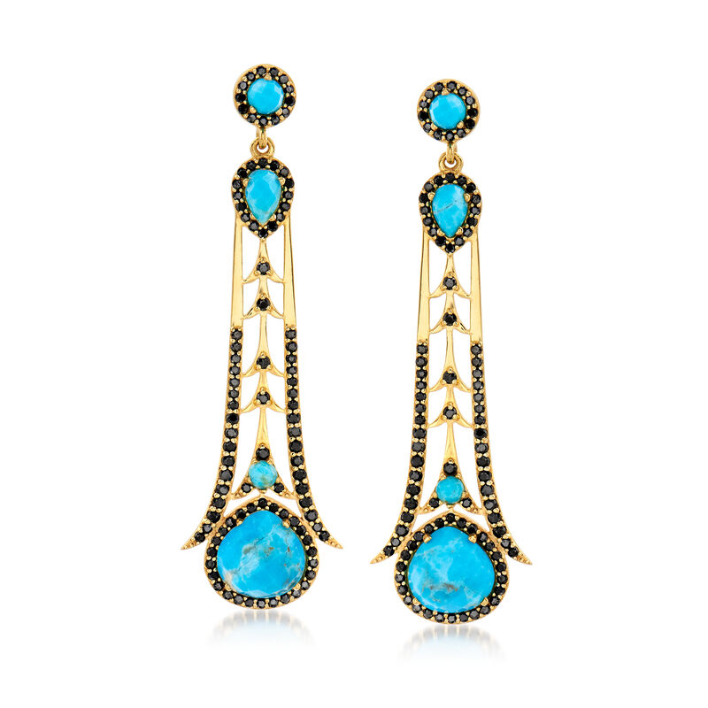 Multi-Shaped Stabilized Turquoise and 2.90 ct. t.w. Black Spinel Drop Earrings in 18kt Gold Over Sterling image number 0