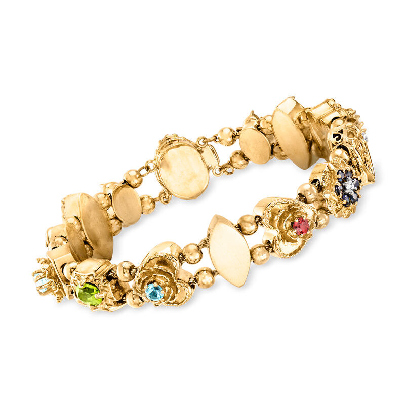 C. 1980 Vintage 3.84 ct. t.w. Multi-Gemstone Slide Charm Bracelet in 14kt Yellow Gold. 7.5&quot; image number 0