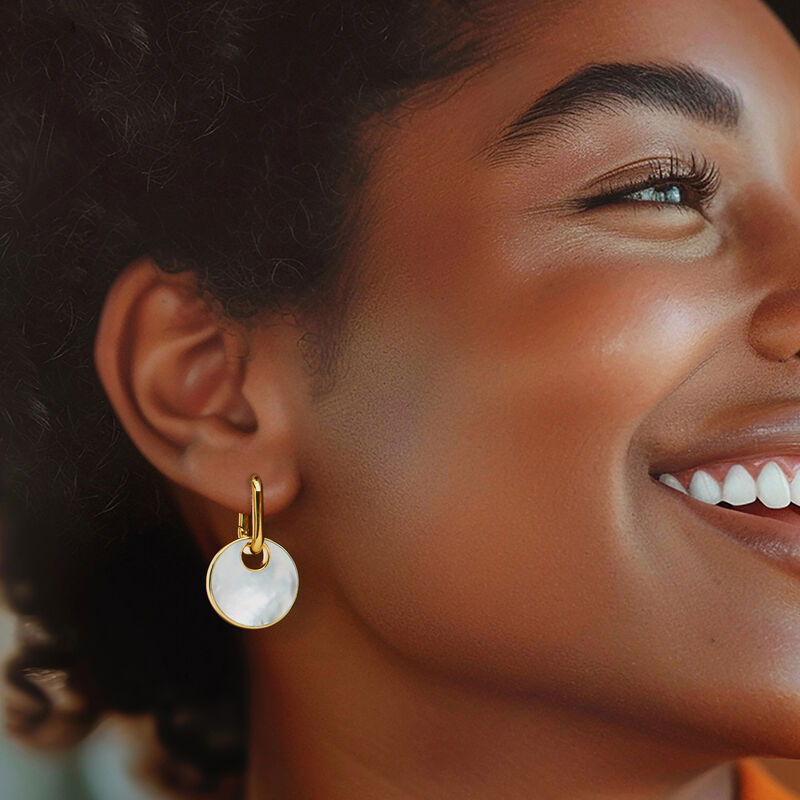 Mother-of-Pearl and Onyx Reversible Hoop Drop Earrings in 18kt Gold Over Sterling. 1 1/4&quot; image number 1