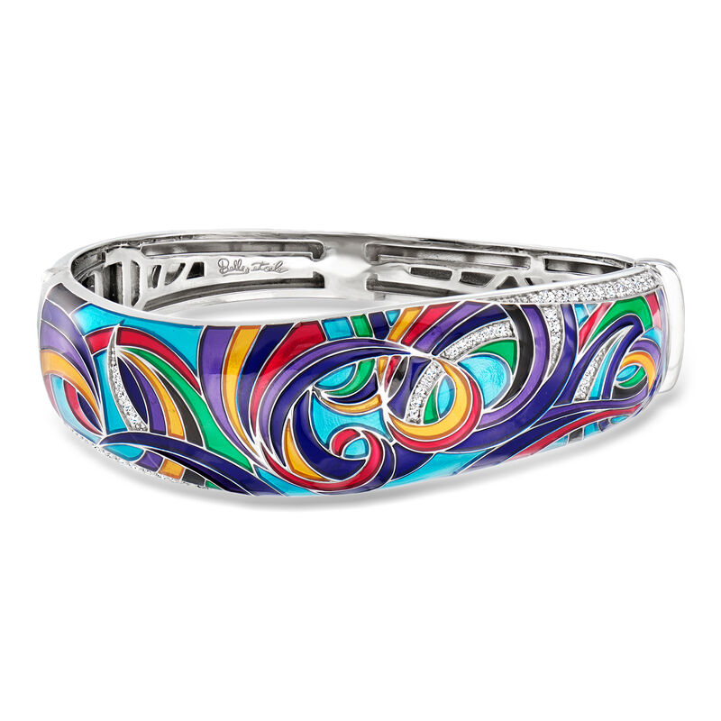 Belle Etoile "Whirlwind" Multicolored Enamel and .70 ct. t.w. CZ Bangle Bracelet in Sterling Silver. 7.5" image number 0