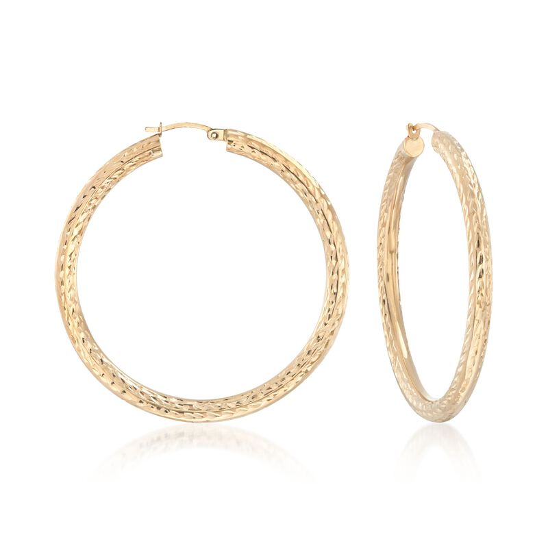 4mm 14kt Yellow Gold Diamond-Cut Hoop Earrings. 2&quot; image number 0