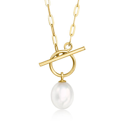 6-6.5mm Cultured Pearl Paper Clip Link Toggle Necklace in 14kt Yellow Gold